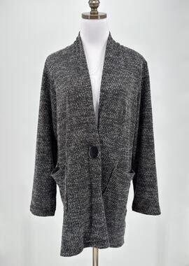 Paco Soler Black White Knit Single Button Relaxed Long Cardigan Jacket
